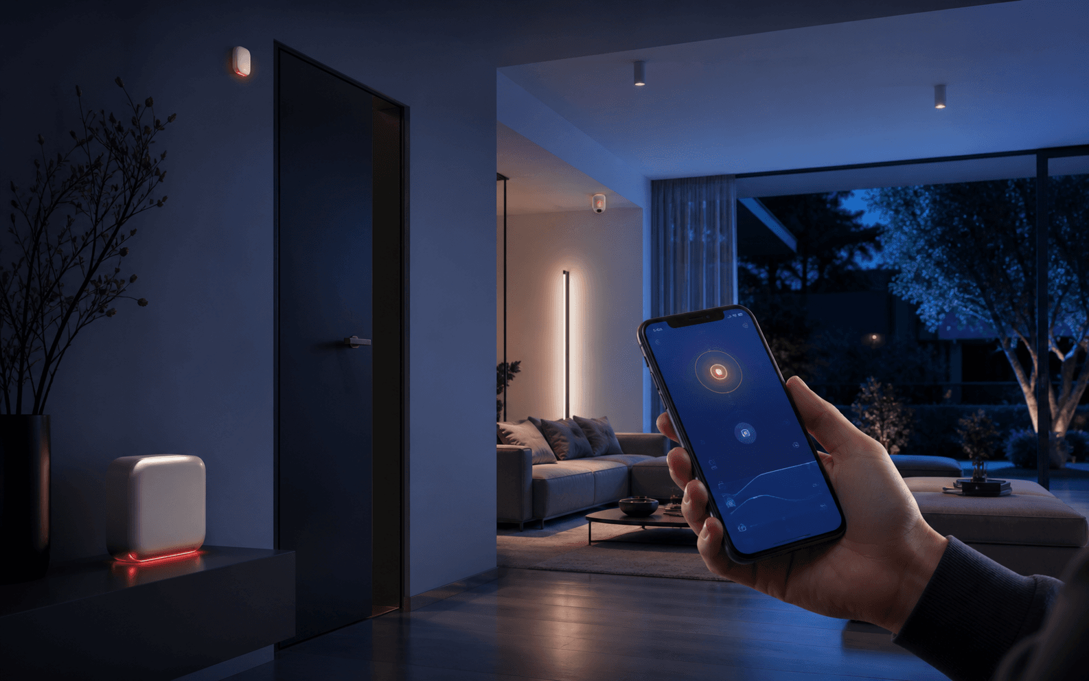 Modern salonda mobil uygulamayla kontrol edilen akıllı alarm sistemi