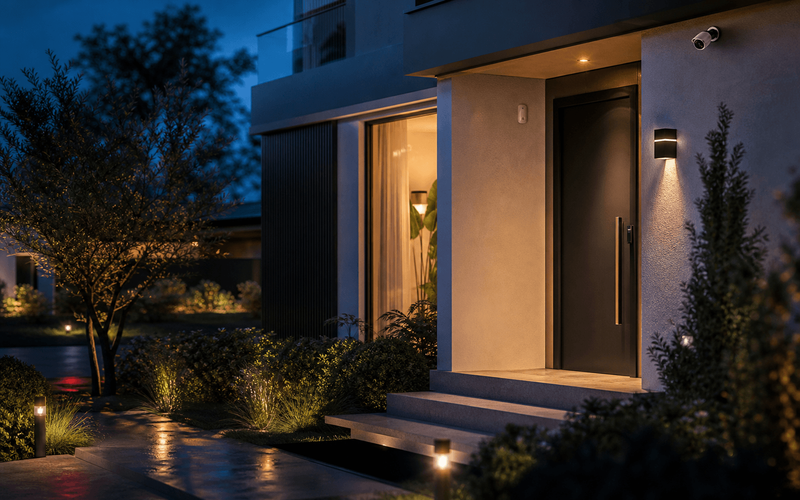 Kamera, alarm sensörü ve akıllı kilitle korunan modern ev girişi